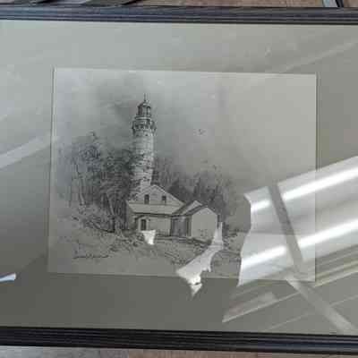 Framed drawing of cana island lighthouse