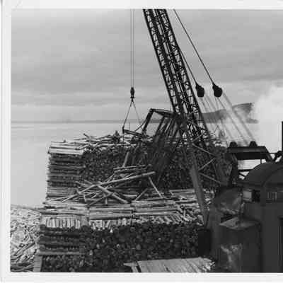 Crane dumping logs on ship