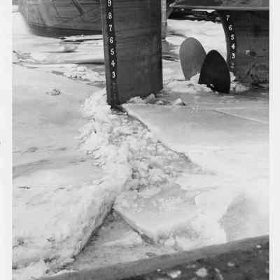 Stern of vessel in frozen water at Christy Corp January 15, 1958