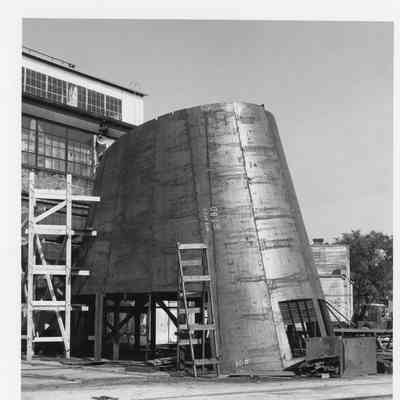 Spartan smoke stack under construction at Christy Corp October 1, 1951