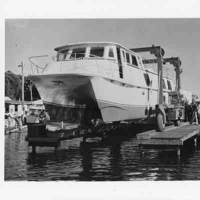 Travelift holding yacht at North Star Mariena in Wayzata Minnesota