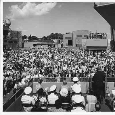 Crowd gathered for christening of PG-93 USS Welch