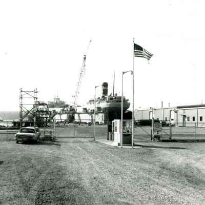 Huron Cement Co. cement boat S. J. Crapo in drydock at Bay Shipbuilding for repairs 1974