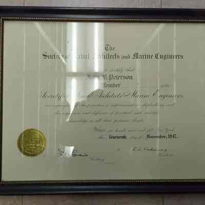 Society of naval architects to John B. Peterson framed certificate