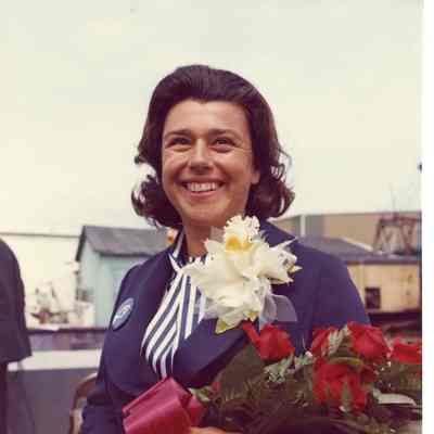 Woman with flowers at Discovery launch
