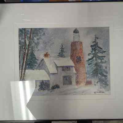 Framed watercolor painting "Old Baileys Harbor Lighthouse"
