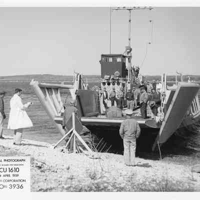 LCU-1610 at shore with stern end open April 24, 1959