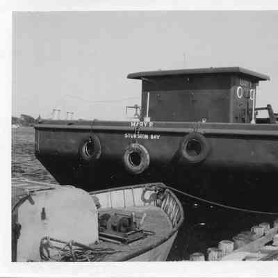 Back view of dump scow Mary P. dockside 1959