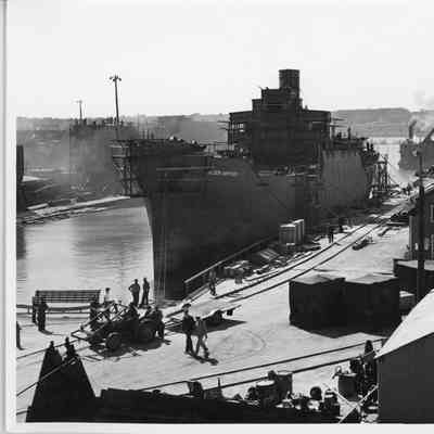 Coastal cargo ship Alden Gifford dockside at L.D. Smith Shipbuilding 1942