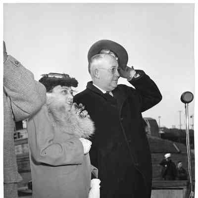 Mrs. Alan Ashcraft and L.D. Smith at launching of the PC-1263 April 19, 1943