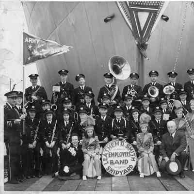 Leathem D. Smith Band posing in front of YW-128 May 22, 1945