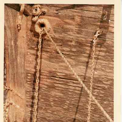 Chains and rope off bow of the Alvin Clark