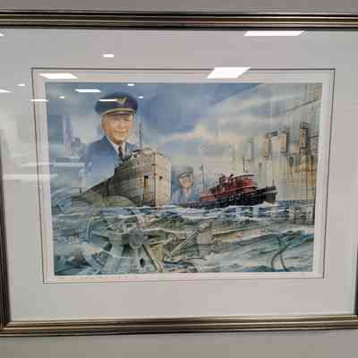 Framed watercolor print "John Roen raising the Humphrey"
