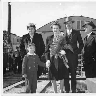 P-568 sponsor party posing for photo at Peterson Boat Works April 12, 1944