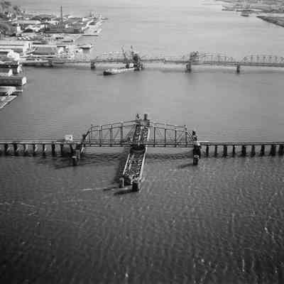 Aerial view of Leathem Smith Railroad Bridge and Michigan Street Bridge