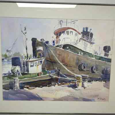 Framed watercolor painting of Sturgeon Bay Dockside