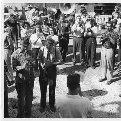 L.D. Smith shipbuilding Company band rehearsing in work clothes