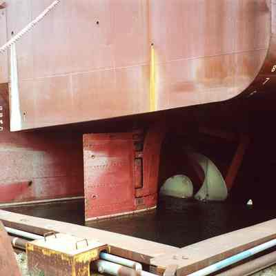 View of propeller of James R. Barker docked at Bay Shipbuilding 2002