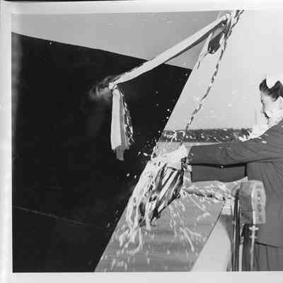 Mrs. Joseph McCarthy christening LST-1170 May 22, 1954