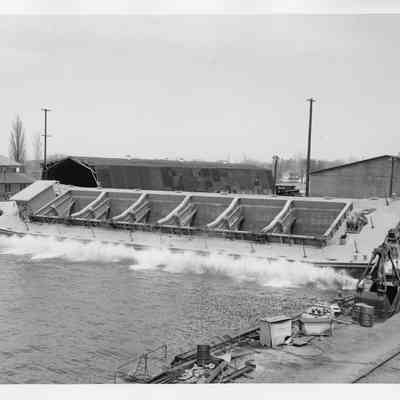 Dump Scow Mary P. being launched May 9, 1959
