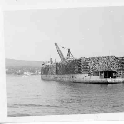 Barge in water with logs