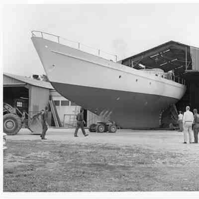 Firebird being towed out of Palmer Johnson warehouse