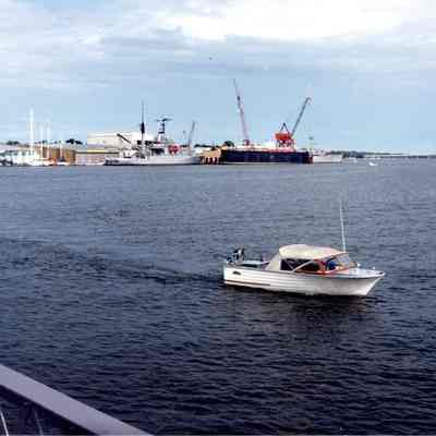 MCM-1 USS Avenger and US Navy salvage boat being constructed at PBI 1986
