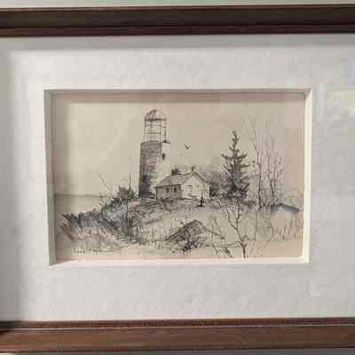 Framed drawing of old Baileys Harbor Lighthouse