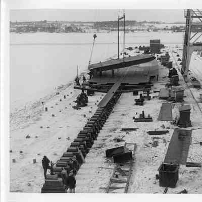 Spartan hull section being lowered January 15, 1951
