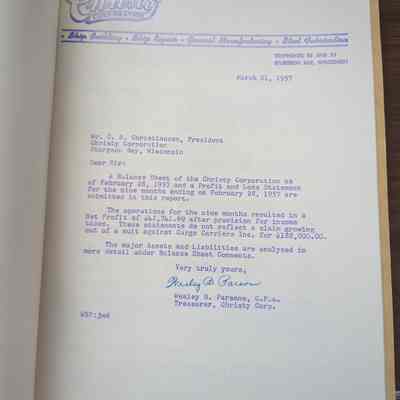 Christy Corp Nine Month Profit Ledger 1956-1957
