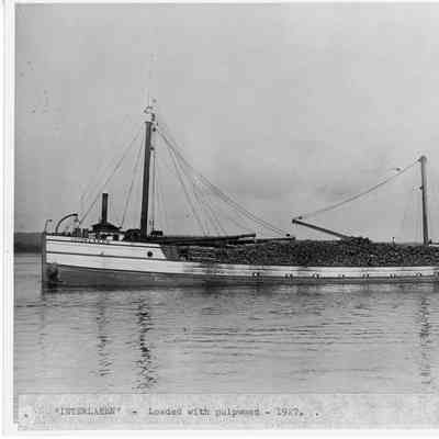 Barge Interlaken loaded with pulpwood 1927