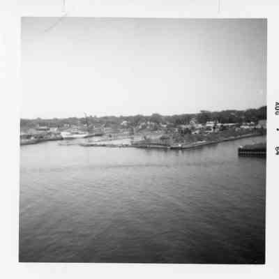 Docked vessel with view of shoreline 1964