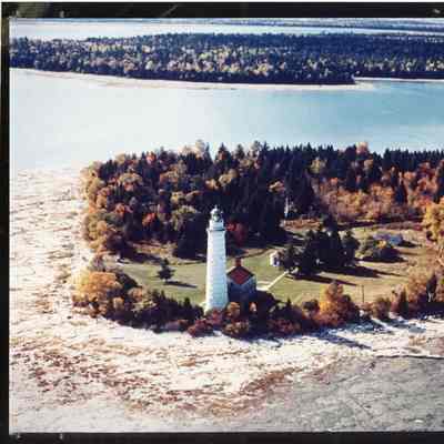 Aerial view of Cana Island with lighthouse in foreground