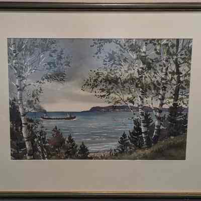 Framed watercolor painting of an ore carrier