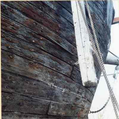 Alvin Clark looking forward along starboard bow of planking 1994
