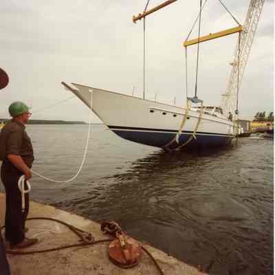 Ondine being lowered into water at Bay Shipbuilding Co.