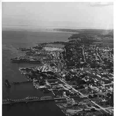 Aerial view of Sturgeon Bay, showing waterfront, buildings, and bridges 1945