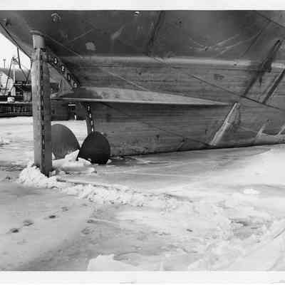 Stern of vessel in frozen water at Christy Corp January 15, 1958