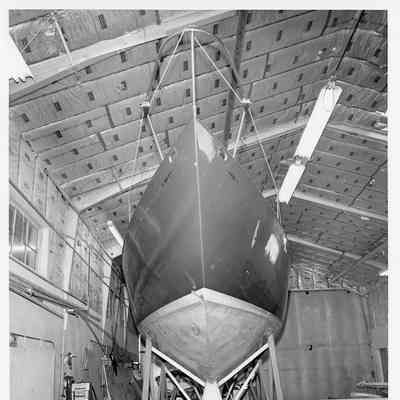 Yacht in storage shed with cradle