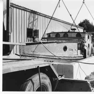 Hope being lowered into berth at Door County Maritime Museum Gills Rock 1992