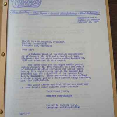 Christy Corp Eight Month Profit Ledger 1955-1956
