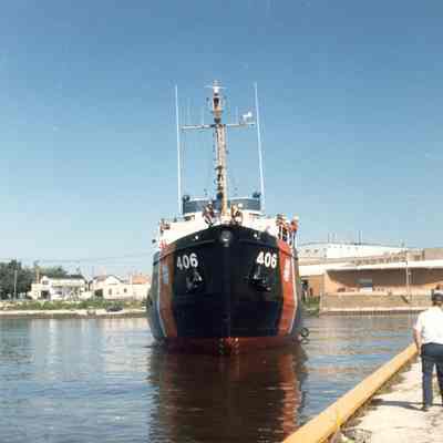 USCG buoy tender Acacia docking at Two Rivers USCG station 1986