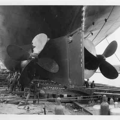 View of stern of Badger on launching skids September 6, 1952