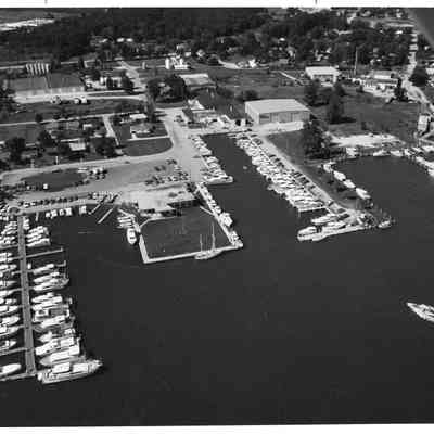 Aerial view of Baudhuin Yacht Harbor pleasure craft 1972