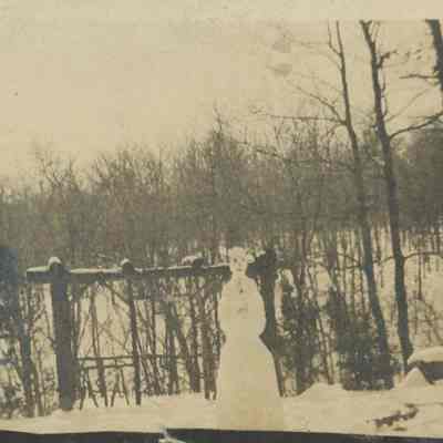 Snowman built in front of forest