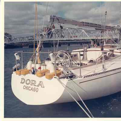 Stern view of sialboat Dora docked at Palmer Johnson