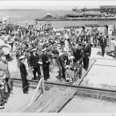 Joseph and Joan McCarthy along with Patricia VanRooy at launching of LST-1170 May 22, 1954