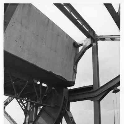 Detail view of Northwest rolling lift and overhead counterweight Michigan Street Bridge