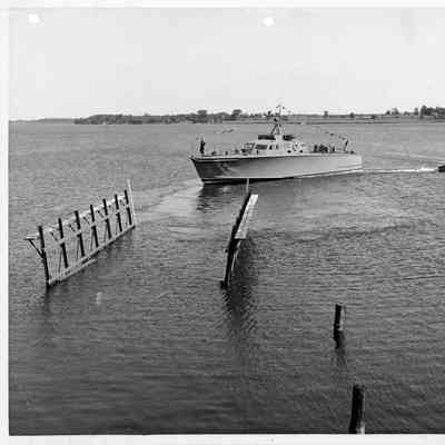 P-571 being towed into water post-christening at Peterson Boat Works July 15, 1944