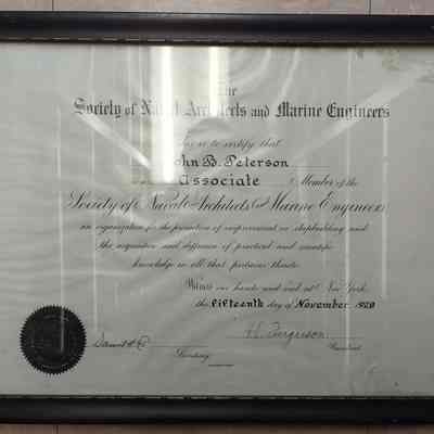 Society of naval architects to John B. Peterson framed certificate